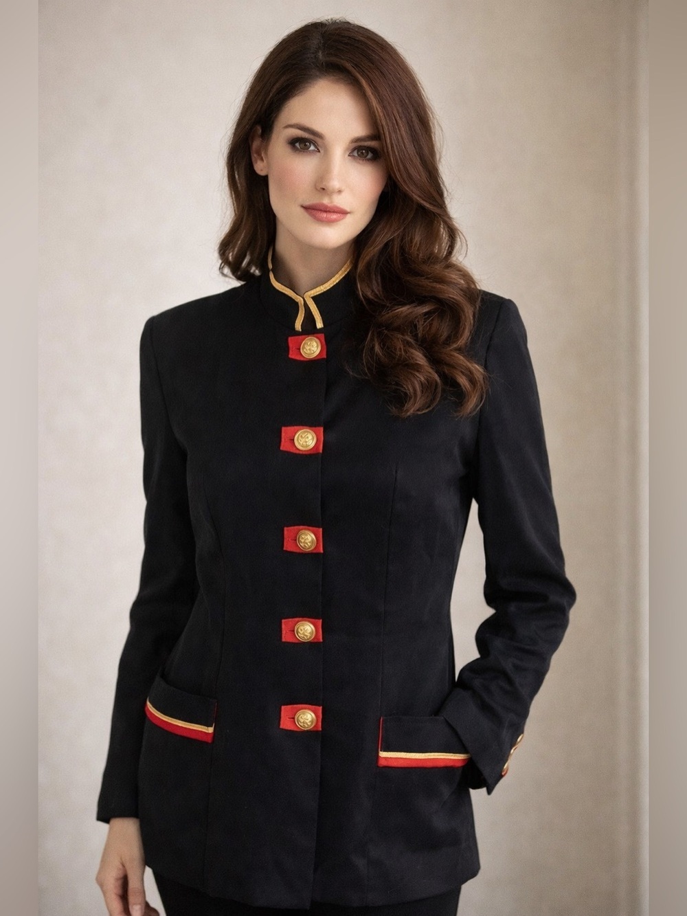 Vintage 80s Virgo II Military Band Jacket Womans 10 Black Gold Red Trim USA Made